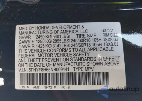 2022 Honda Passport Awd Trailsport z USA, uszkodzony, nr VIN 5FNYF8H65NB009441